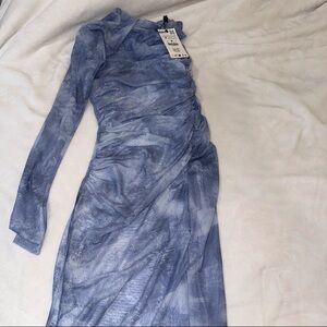 Zara Blue Asymmetrical Long Sleeve Bodycon Dress